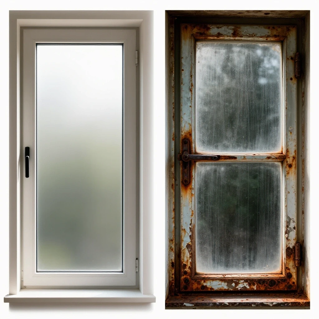 A split-image showing a modern repairable window on one side and a worn-out window with broken hardware on the other, highlighting contrast.