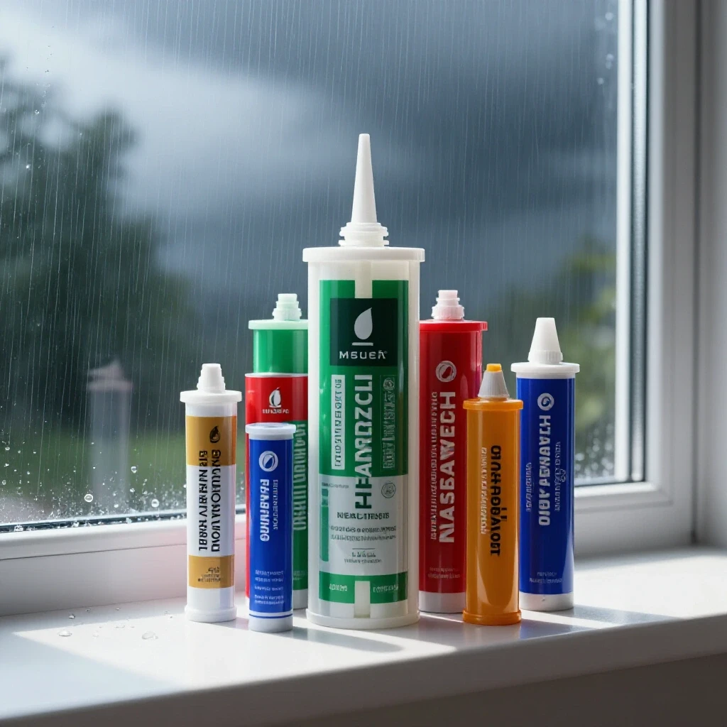 An interior scene with raindrops on a window ledge and colorful sealant tubes arranged artfully, contrasting chaos and comfort.