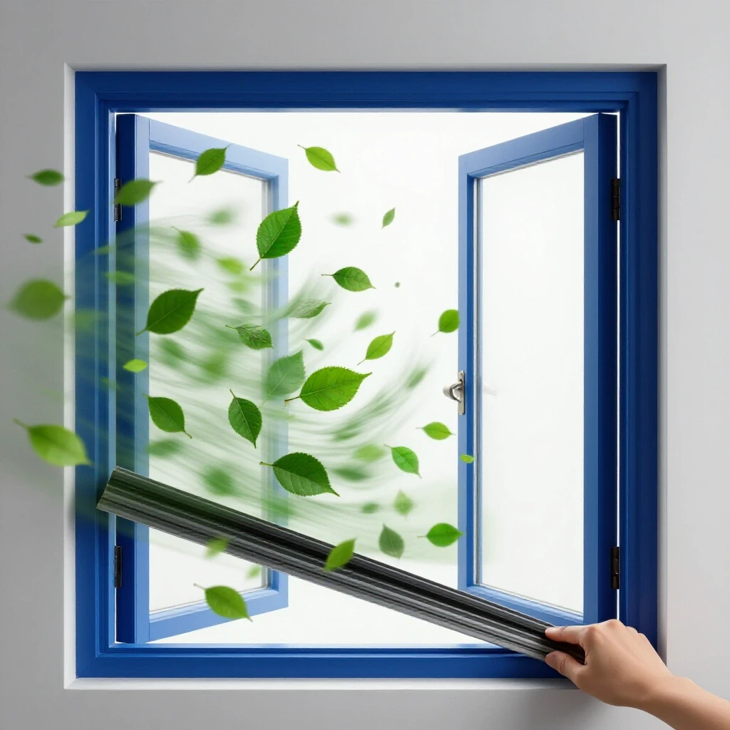 Close-up of a partially open window with swirling leaves and a hand holding weather stripping, representing wind effects.