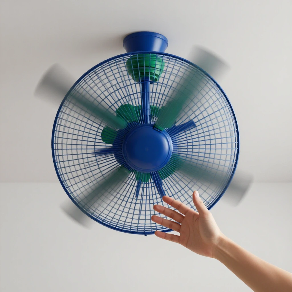 Close-up of a wobbly ceiling fan with motion blur, set against a bright studio backdrop to illustrate stability repair.