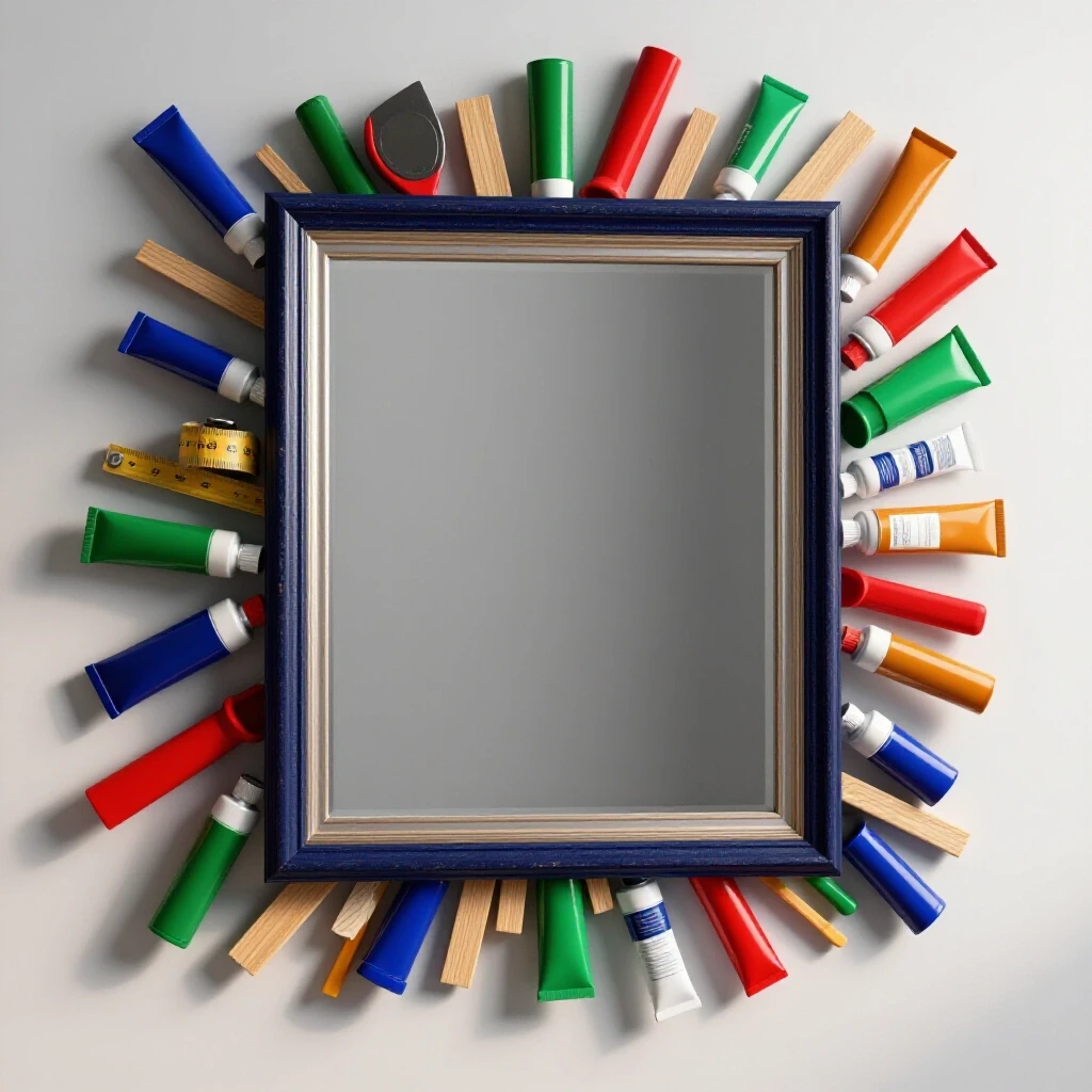 A beautifully framed bathroom mirror surrounded by colorful DIY tools and materials, beautifully arranged for a tutorial.