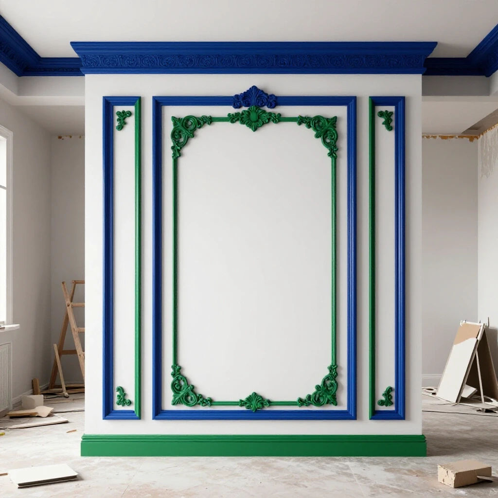Vivid image contrasting a beautifully finished room with intricate trim and a chaotic renovation scene, highlighting transformation.