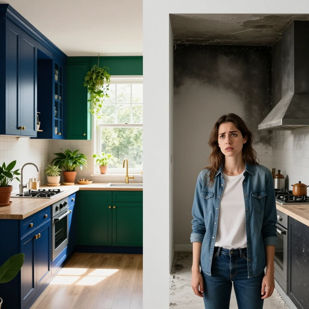 A split image showing a beautifully renovated kitchen with plants and sunlight on one side, and a dark kitchen with visible asbestos hazards and a worried homeowner on the other.