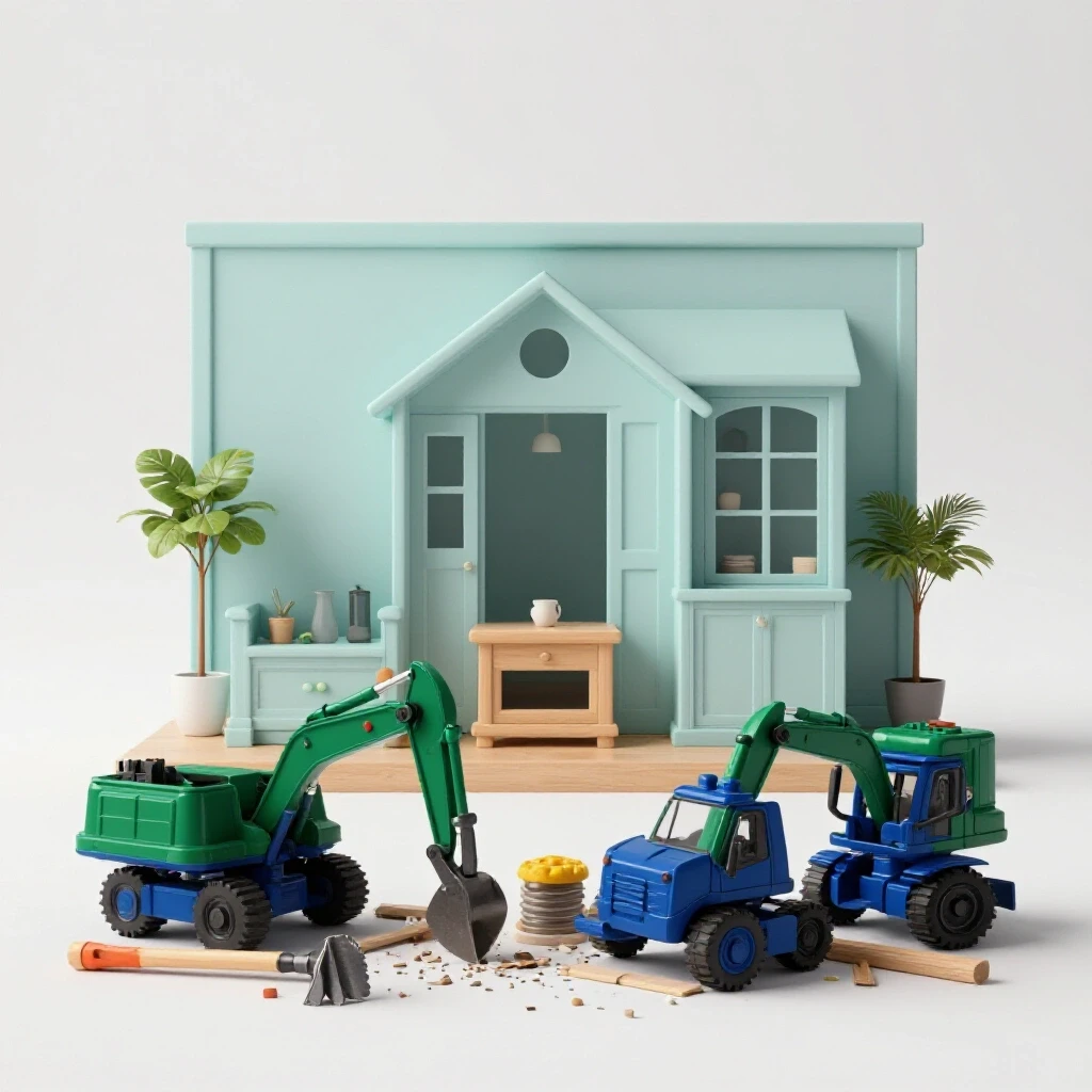 A serene home interior contrasts with a chaotic construction scene, illustrating homeowner challenges.