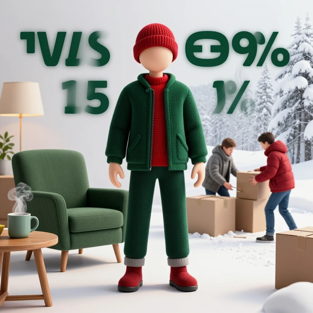 A split image showing a cozy indoor scene with a warm drink and a snowy exterior with moving boxes, illustrating winter moving challenges.