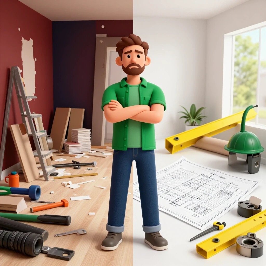 A split scene showing chaos of renovation delays on one side and a calm, organized space representing effective planning on the other.