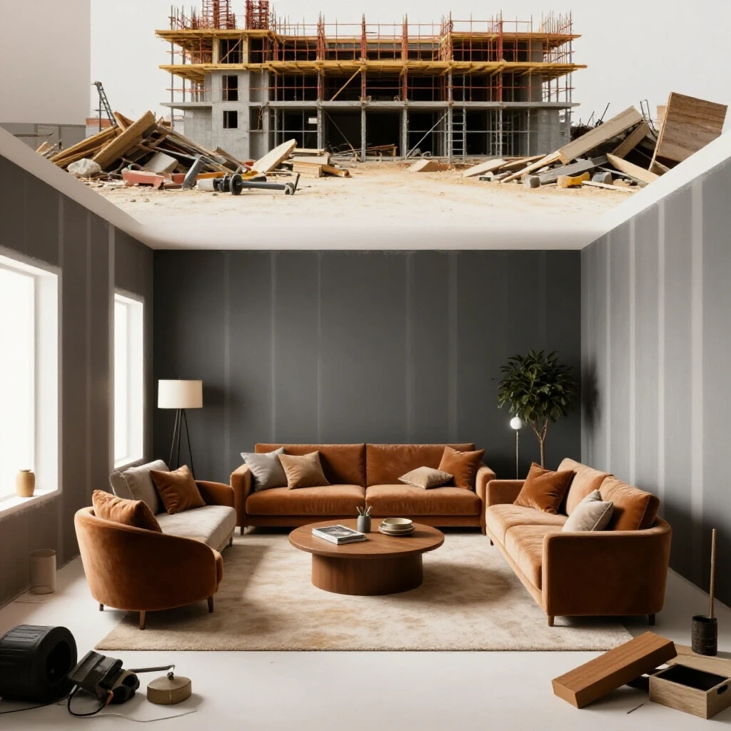 A contrasting image of a chaotic construction site with debris and tools alongside a serene, finished room with elegant decor.