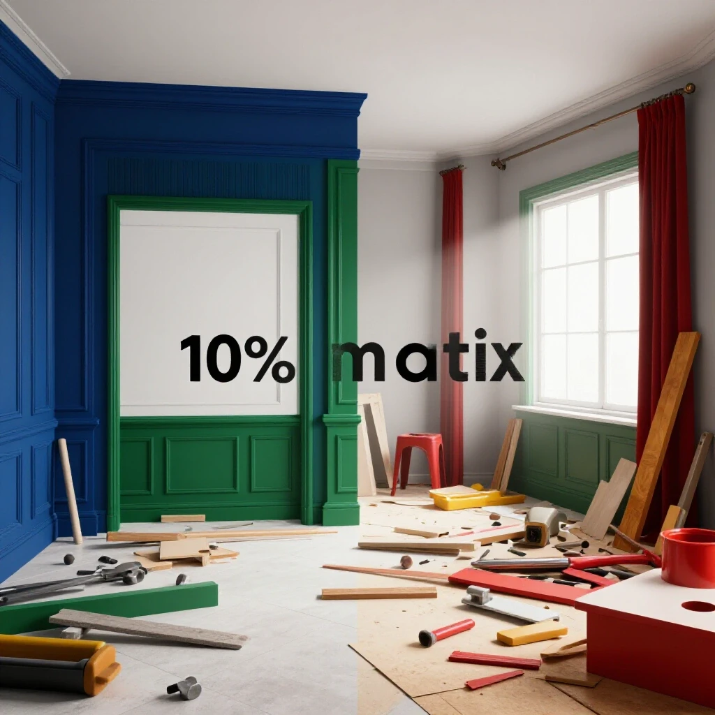 A striking visual of a beautifully renovated room contrasted with scattered renovation materials, highlighting chaos and progress.