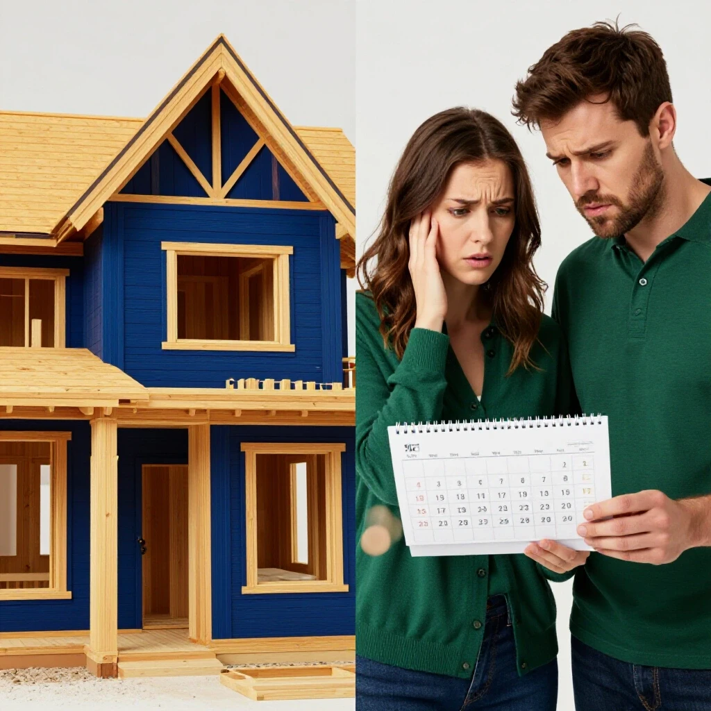 A split image showing a partially constructed home and a frustrated couple looking at a calendar, representing delays in home buying.