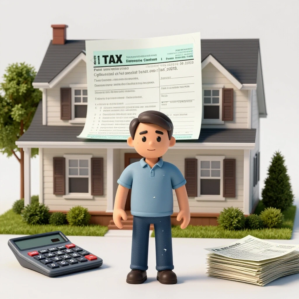 A distressed homeowner stands before a charming house overshadowed by a large tax bill, with a calculator and bills nearby.
