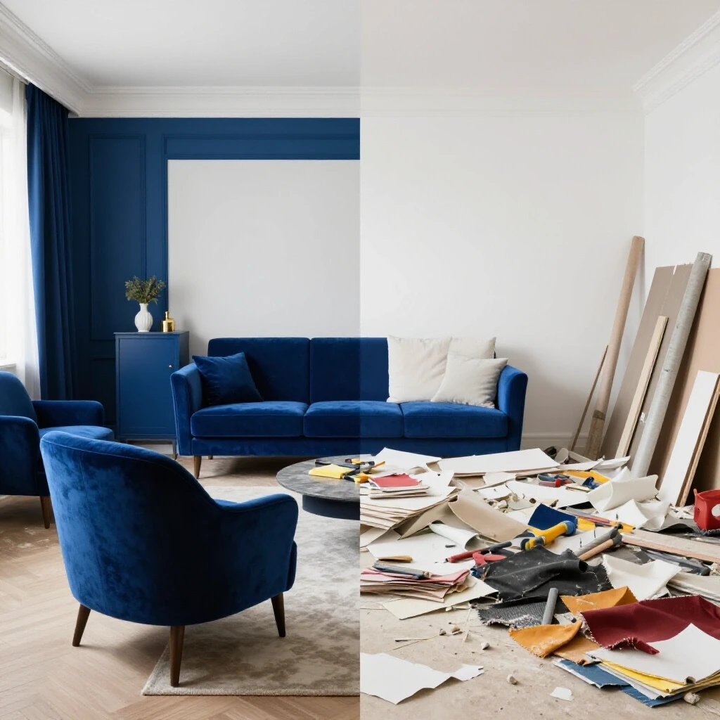 A visually contrasting split-screen image showing a renovated room and a chaotic renovation scene.