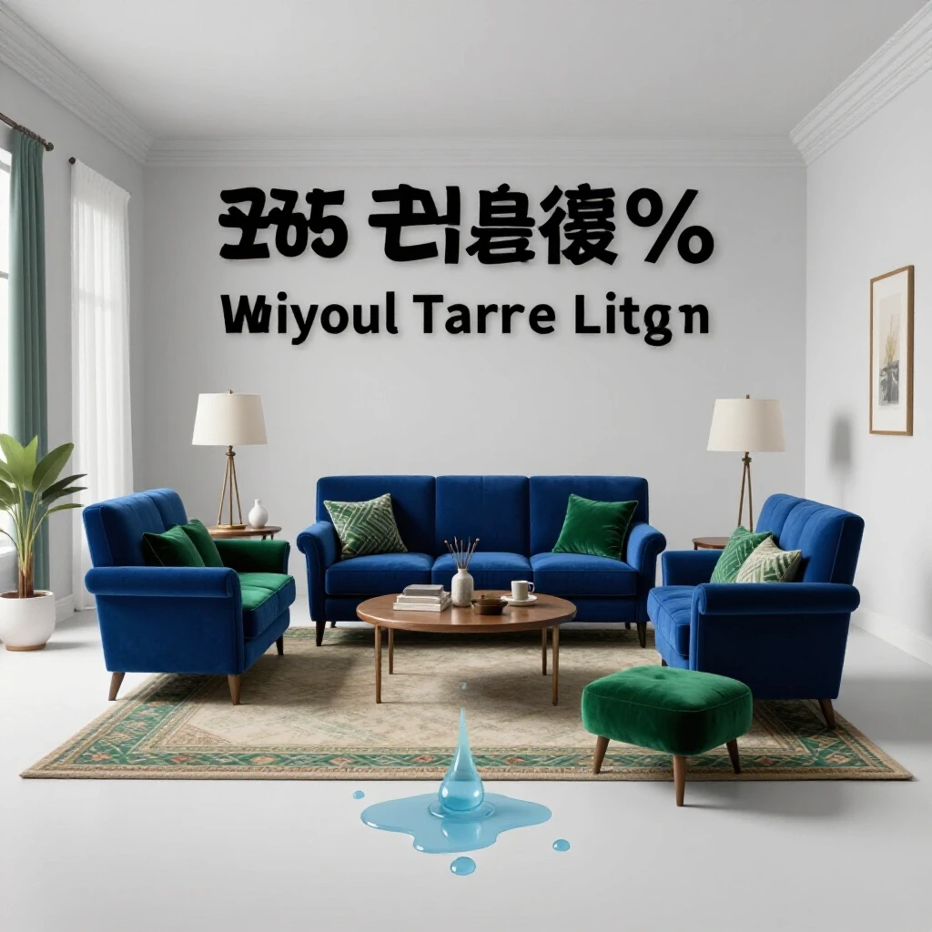 Elegant living room with a subtle water leak in the corner, creating a juxtaposition of beauty and concern.