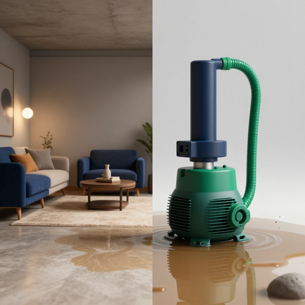 A split view of a cozy dry basement and a flooded basement with a malfunctioning sump pump, showcasing the contrast.