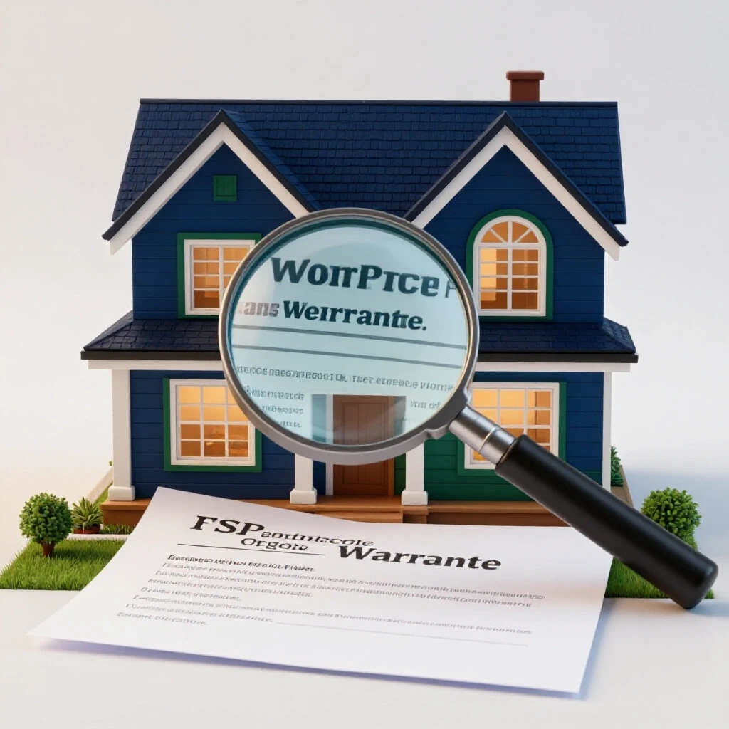 A new home with a magnifying glass over a warranty document, symbolizing attention to detail in warranty claims.