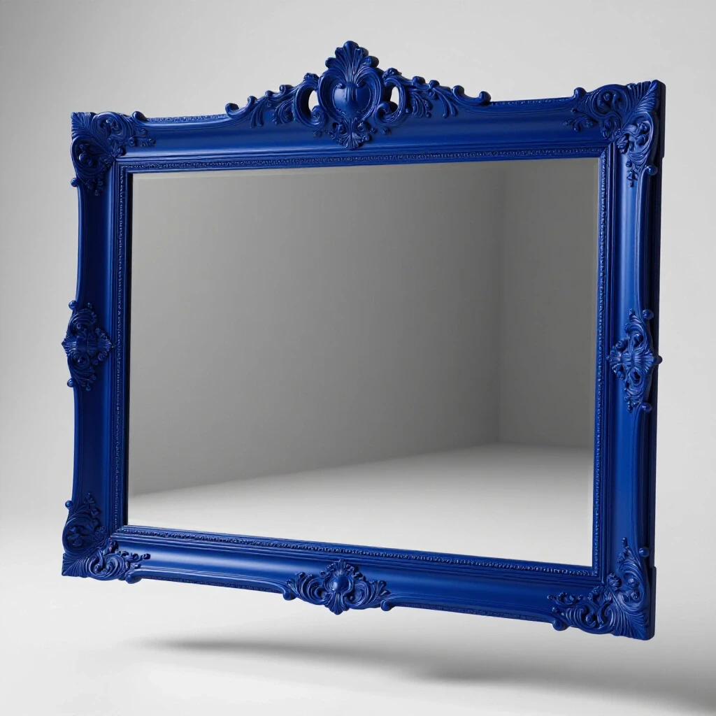 A large ornate mirror in a royal blue frame suspended in a bright studio environment, showcasing clean shadows.