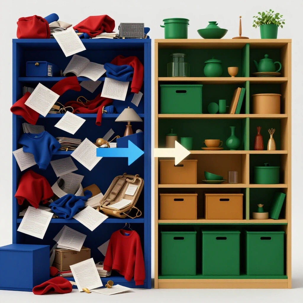 A 3D-rendered image depicting the transformation from a cluttered space to an organized area, emphasizing home organization.