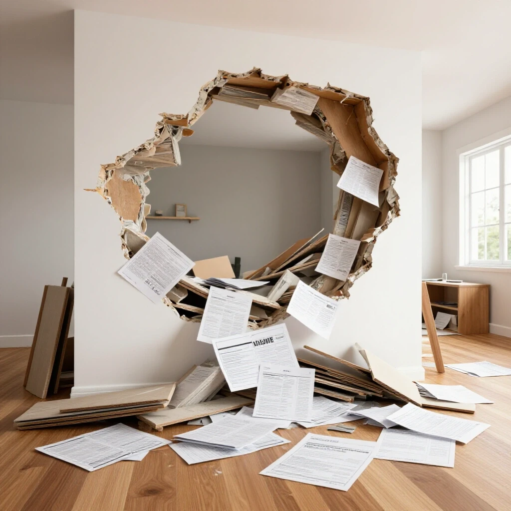 A partially renovated home showcasing chaos from construction materials and scattered documents against a serene completed room.