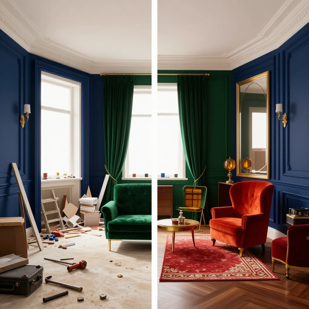 A contrasting image of a chaotic renovation space and a beautifully finished room, illustrating scope creep in renovation projects.