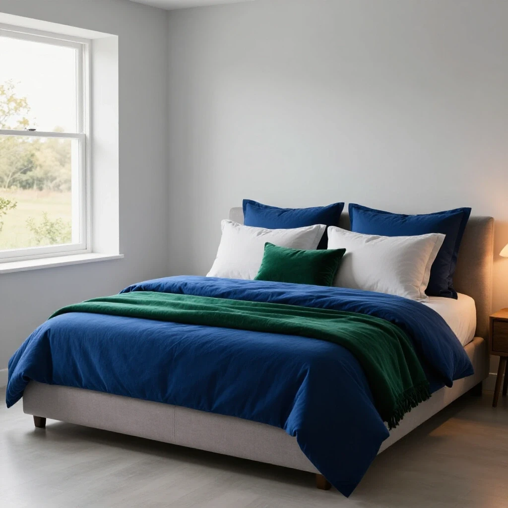 A cozy bedroom featuring a plush bed with rich deep colors, soft pillows, and an open window for natural light.