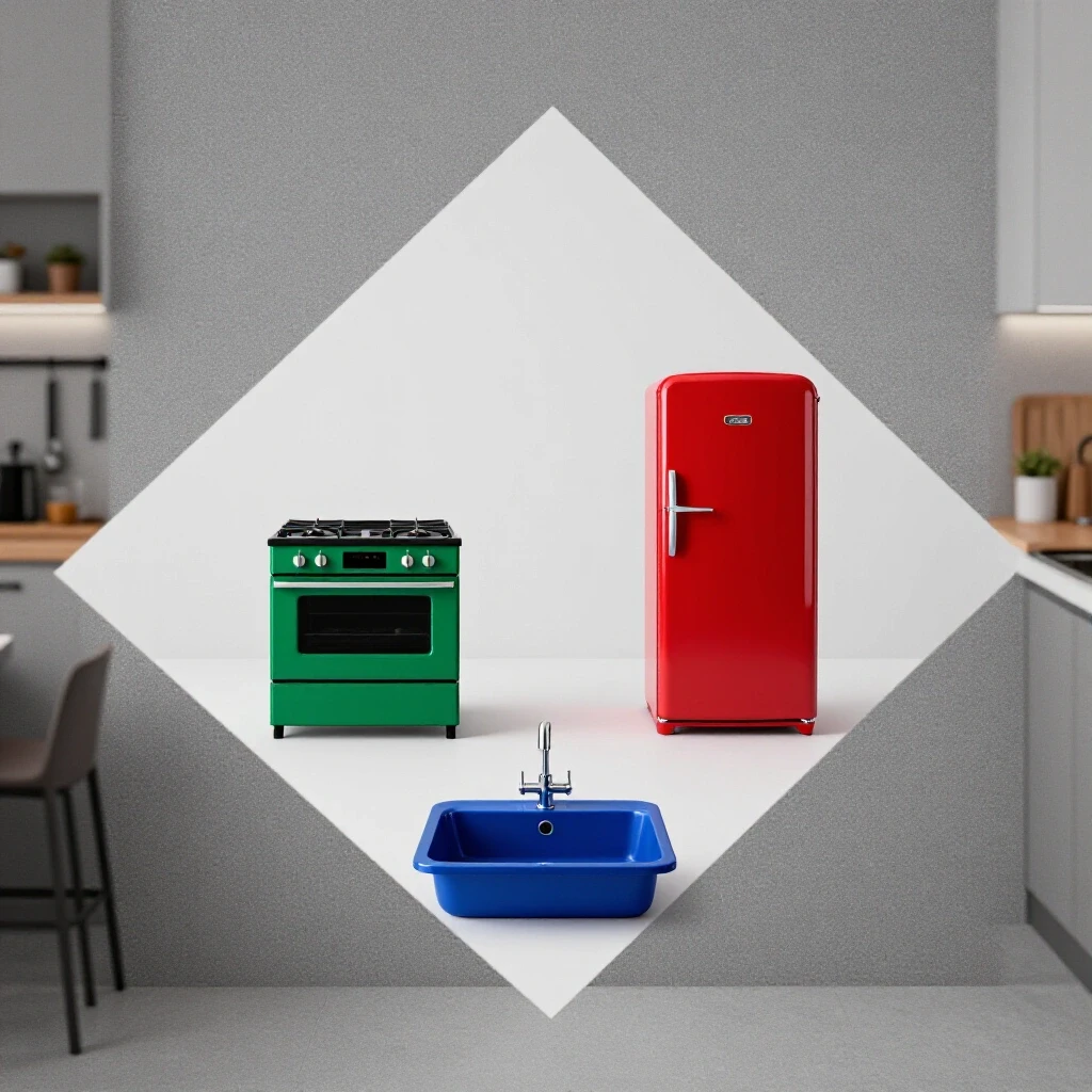 A dynamic kitchen layout featuring a royal blue sink, emerald green stove, and crimson red refrigerator in a modern setting.