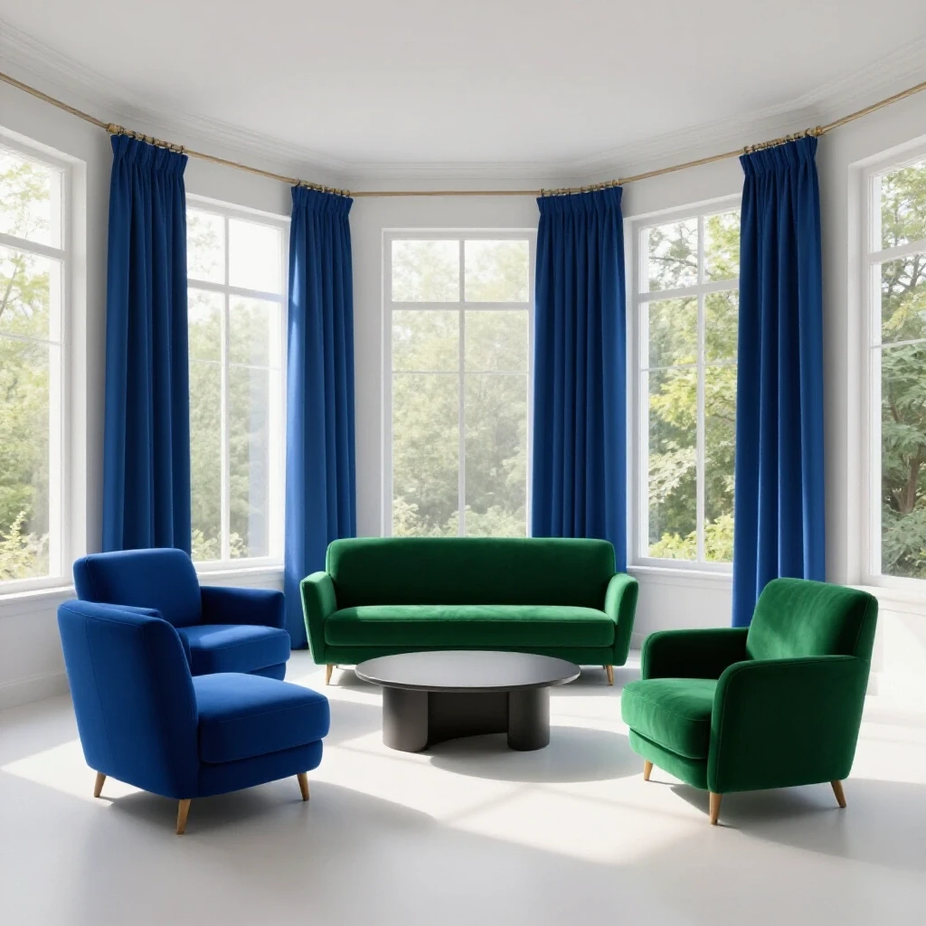 A sunlit room with large windows, deep blue and green decor, and flowing curtains, showcasing bright interior design.