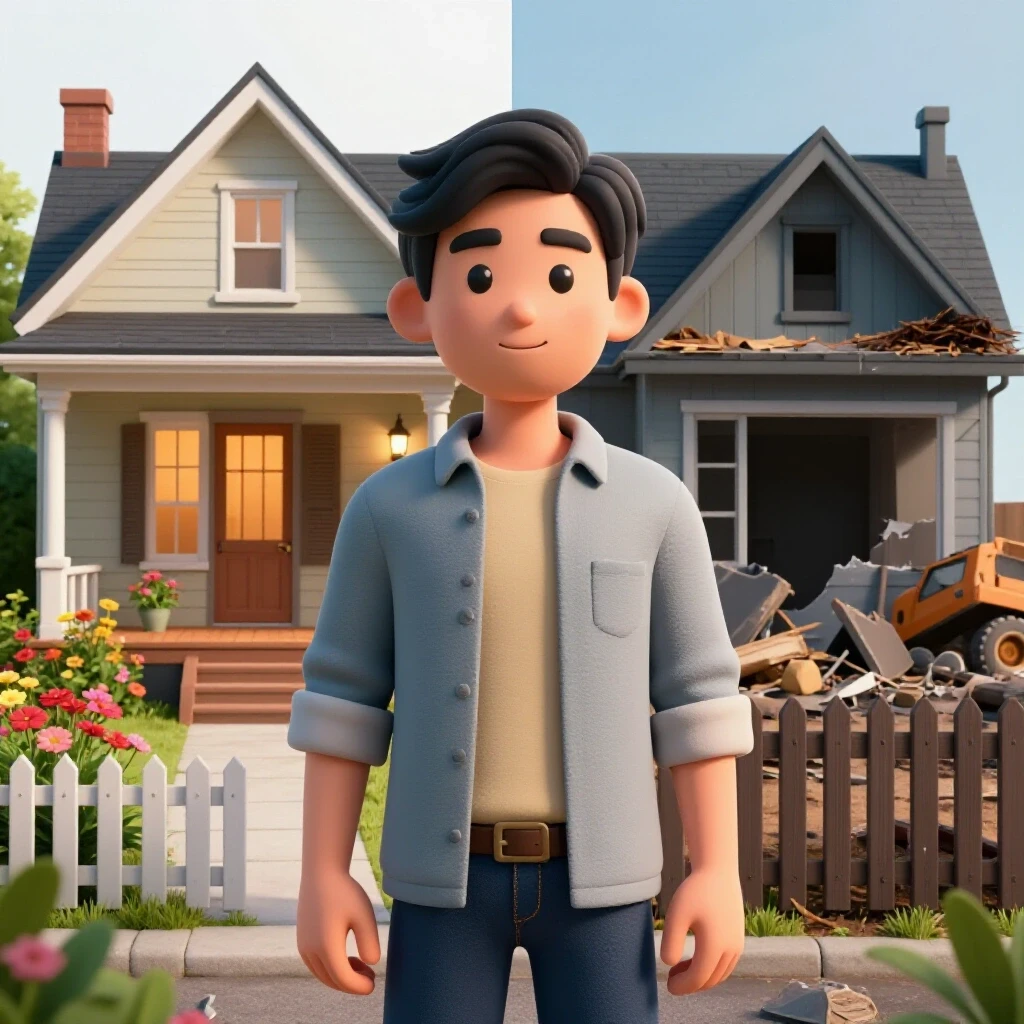 A split scene image showing a renovated home with flowers on one side and a chaotic construction scene on the other.