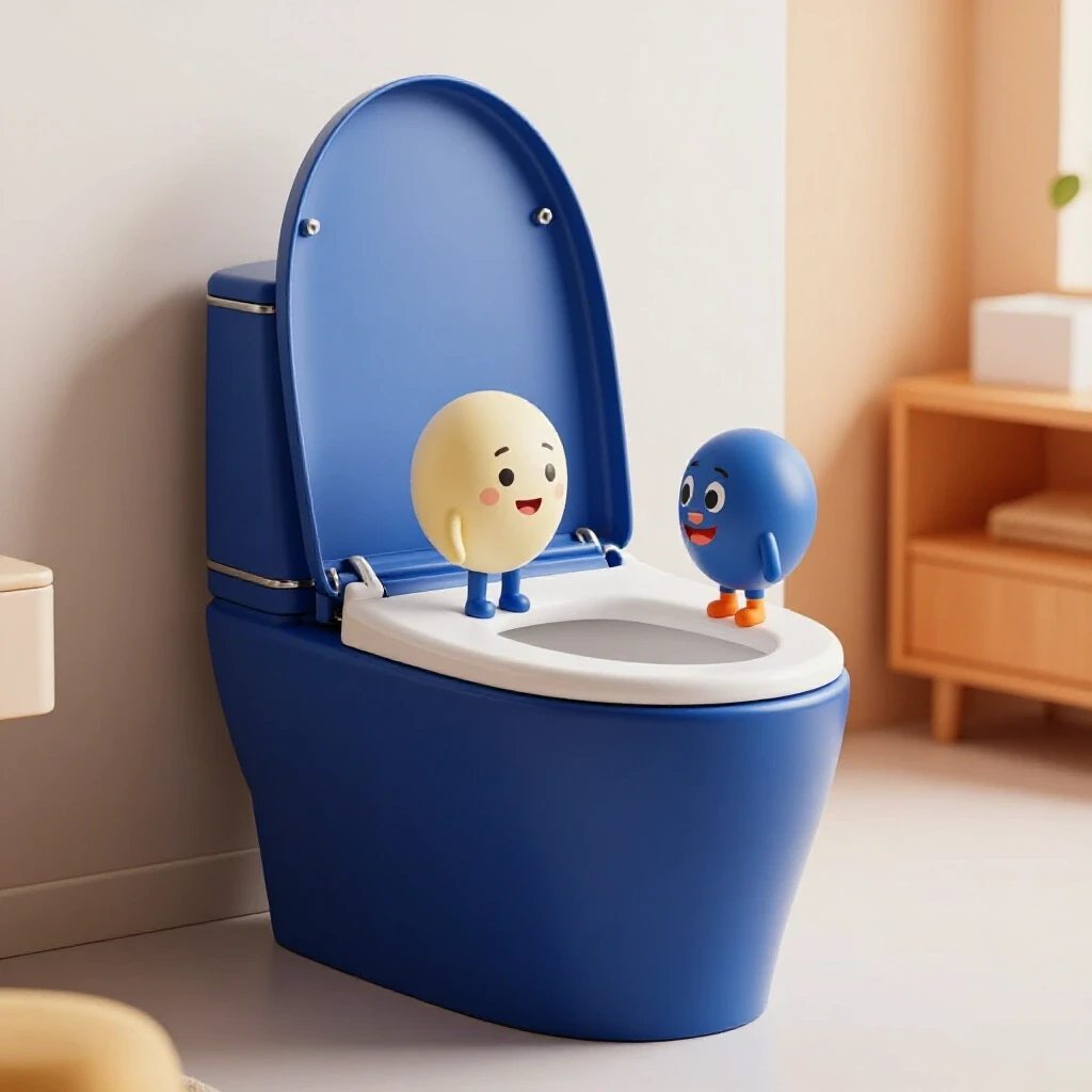 A modern, sleek bidet in a cozy bathroom setting with playful cartoon characters interacting around it.