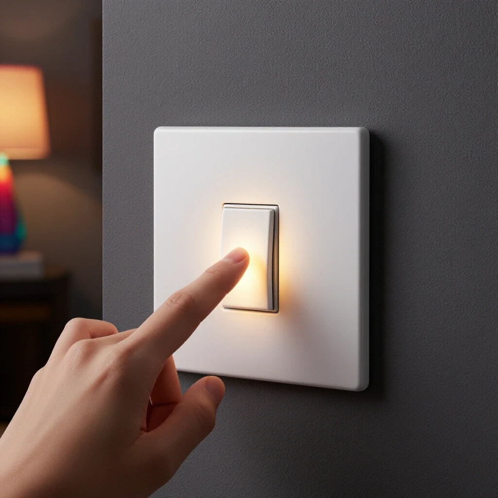 Close-up of a hand adjusting a glowing dimmer switch in a softly lit room with colorful background lamps.