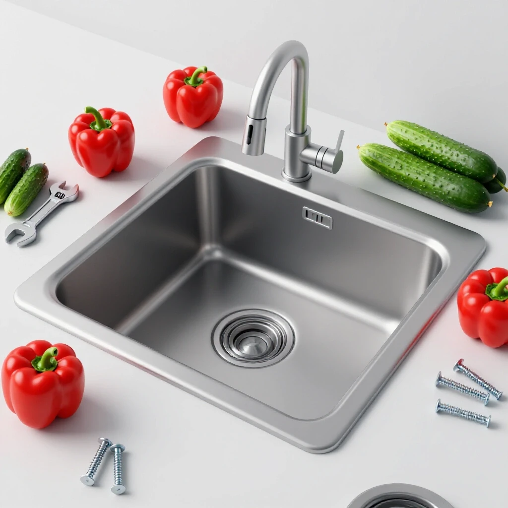 A clean kitchen sink with a garbage disposal, surrounded by DIY tools and fresh vegetables on a countertop.