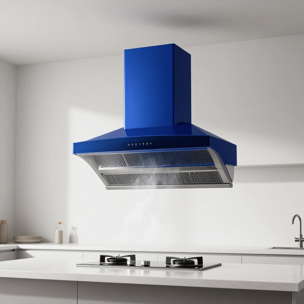 A sleek range hood above a clean, modern kitchen island showcasing rich colors and steam effects.