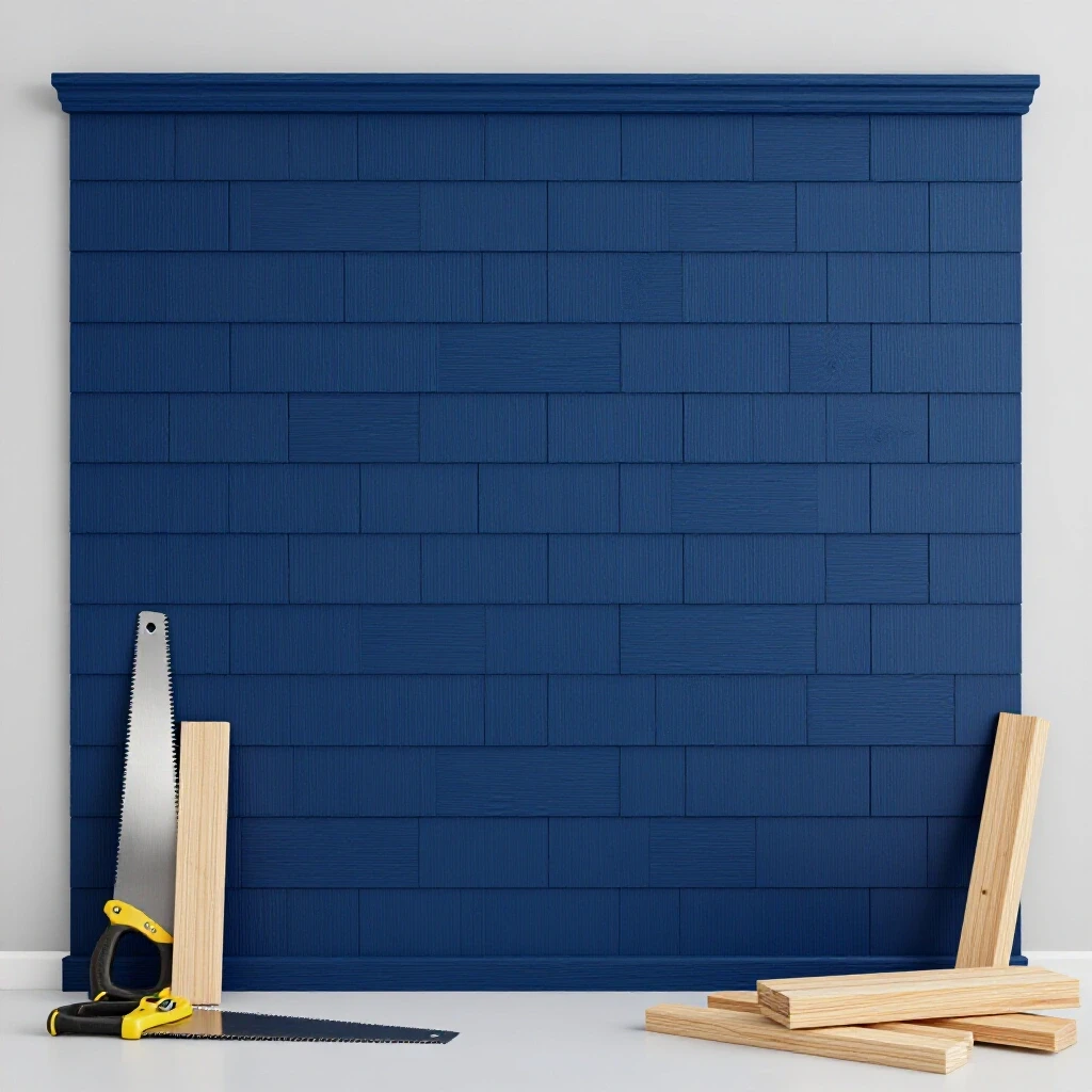A cozy living space featuring a partially completed shiplap wall with deep blue wood, showcased with DIY tools like a saw and tape measure.