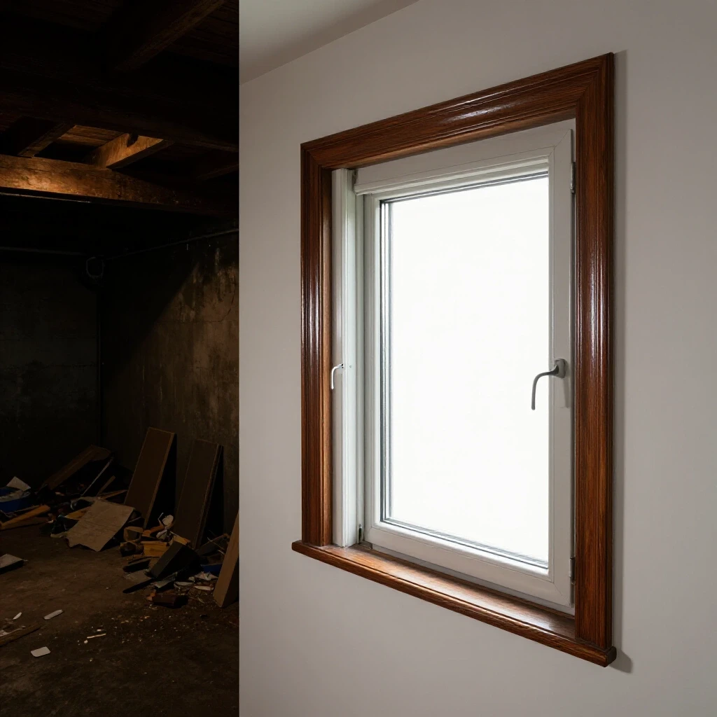 A contrasting image showing a dark basement on one side and a bright room with a newly installed egress window on the other, highlighting home renovation.