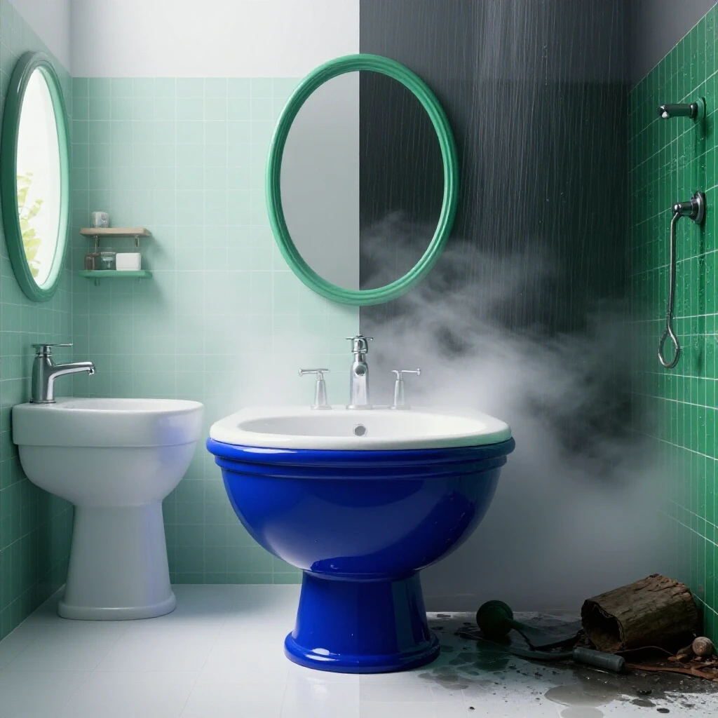 A split-image of a serene bathroom with natural light and a cluttered humid bathroom, depicting the need for ventilation.