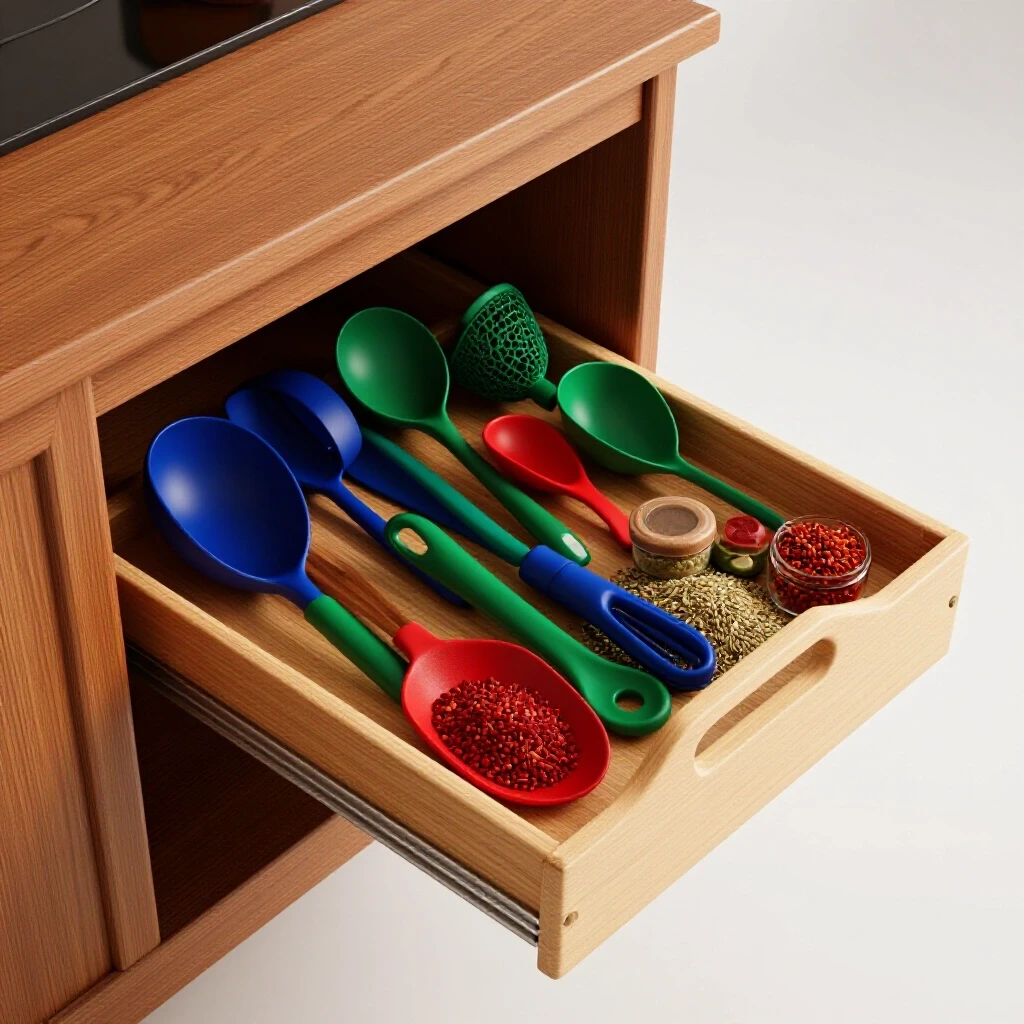 A beautifully organized kitchen cabinet with a partially pulled-out tray filled with vibrant kitchen tools and spices.