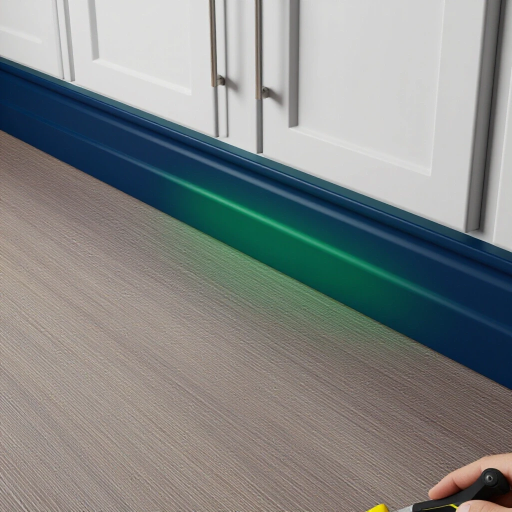 Close-up view of a cabinet toe kick installation against a vibrant textured floor, emphasizing craftsmanship.
