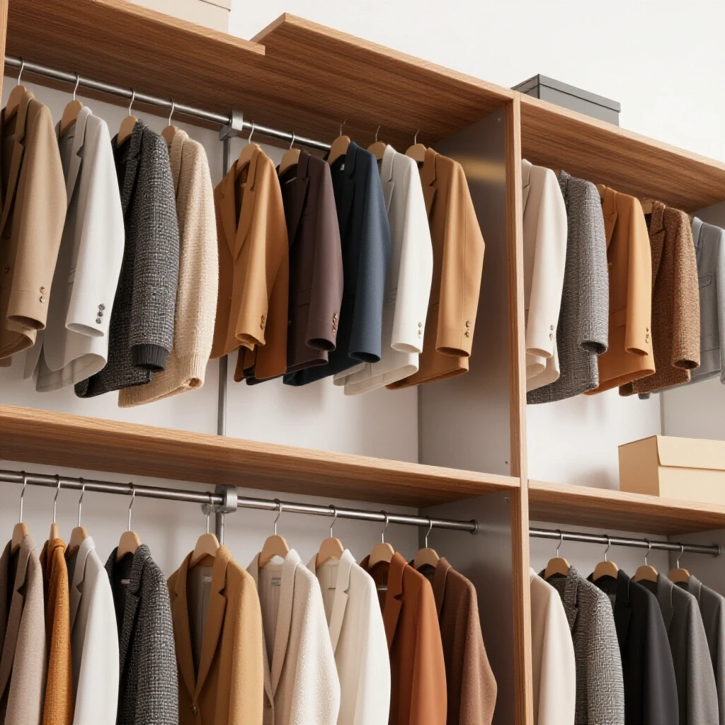 Organized closet featuring a metallic rod and vibrant garments against a bright background.