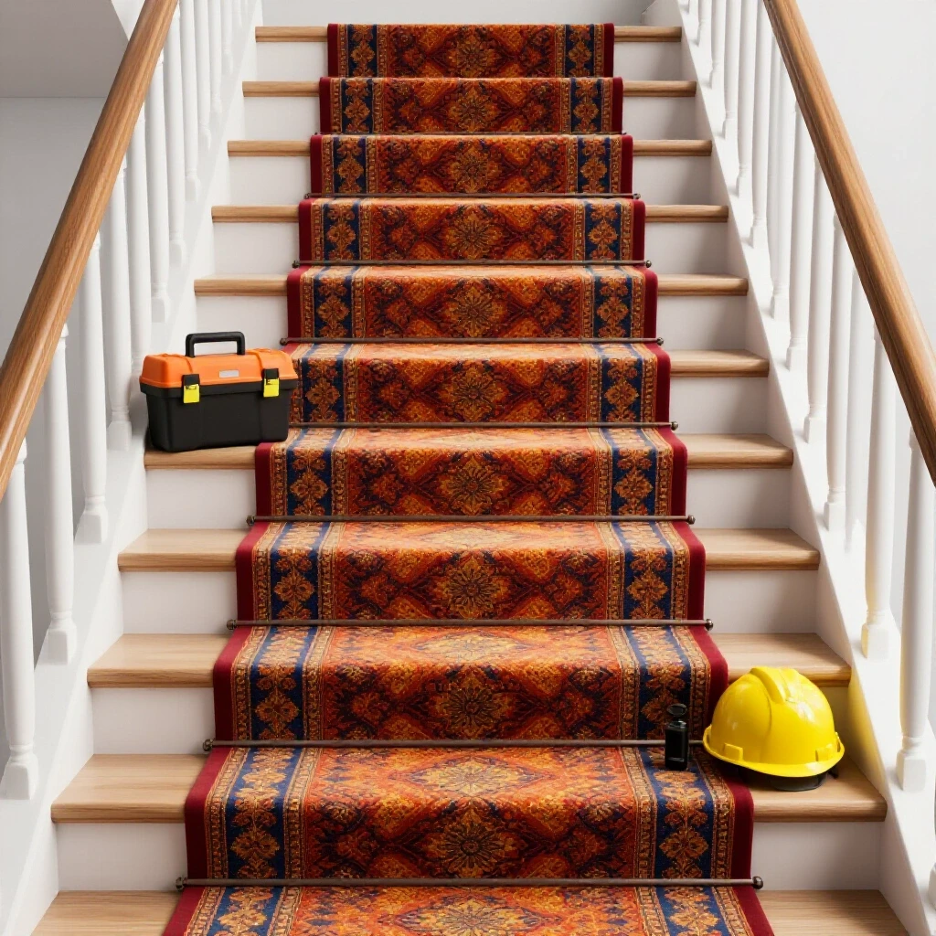 Stylish staircase featuring a vibrant runner, toolbox, and safety gear, designed for a DIY installation guide.