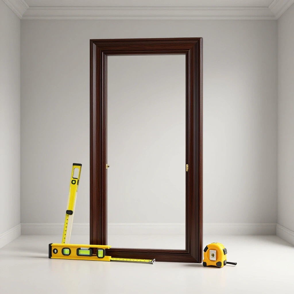 A partially installed door casing in a vibrant room, surrounded by tools like a level and measuring tape for a DIY project.