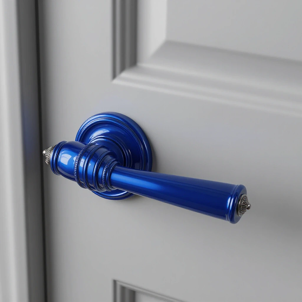 Close-up of a shiny door handle against a blurred background of a slightly misaligned door.