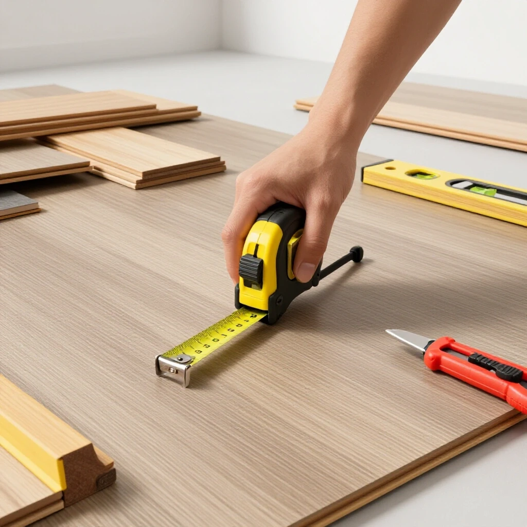 Close-up of a hand measuring with a tape in front of a partially installed floating floor and scattered tools.