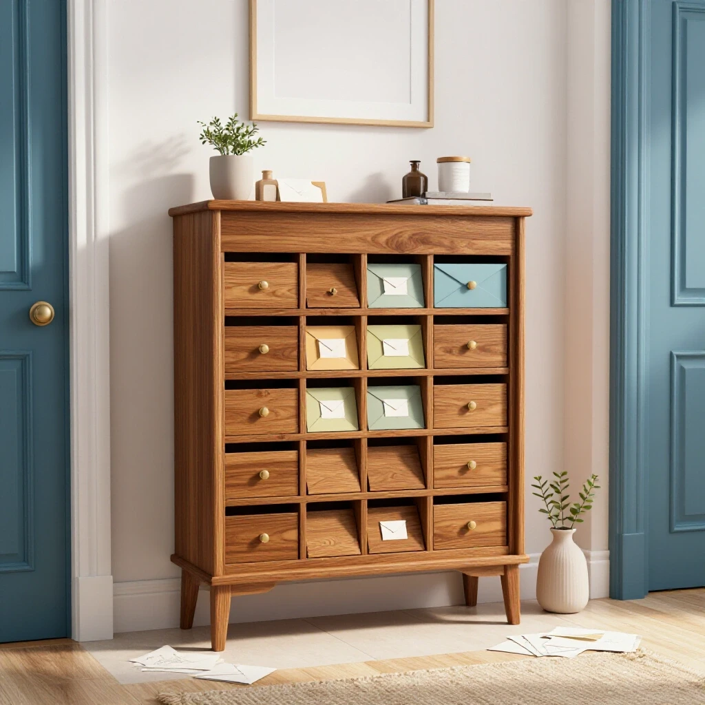 A beautifully styled entryway with a centered wooden mail organizer, scattered letters, and daily essentials on a bright white background.