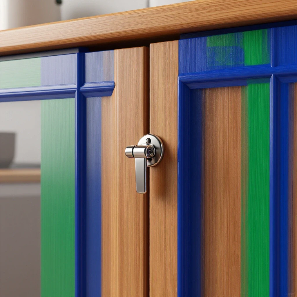 Close-up of a stylish cabinet door slightly ajar, showcasing a shiny metal latch against a blurred cozy kitchen background.