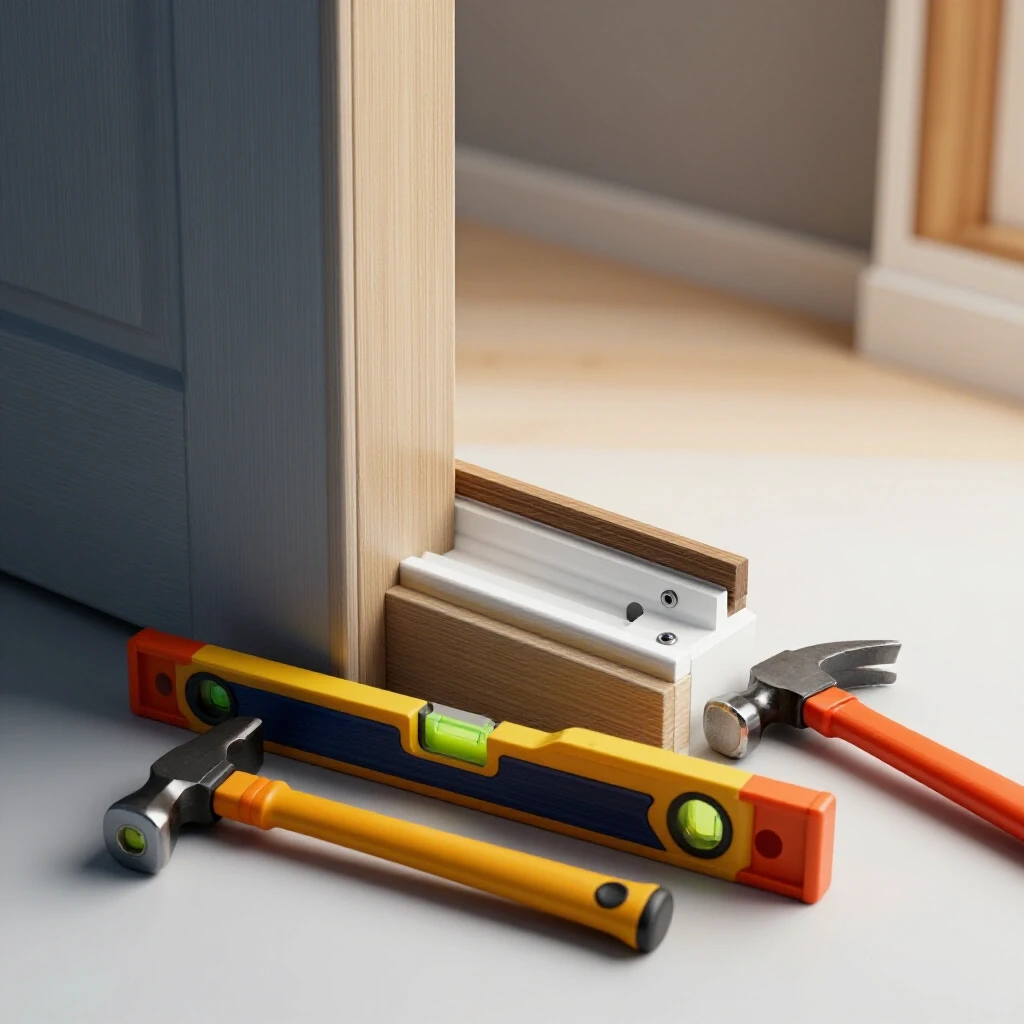 Image of a partially installed door jamb with tools laid out, showcasing a bright and inviting background.