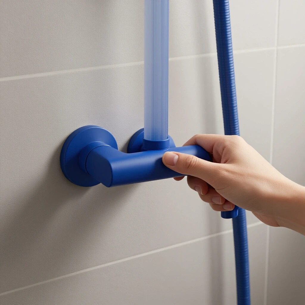 Brightly colored shower handle held in a hand, set against a softly blurred modern bathroom.
