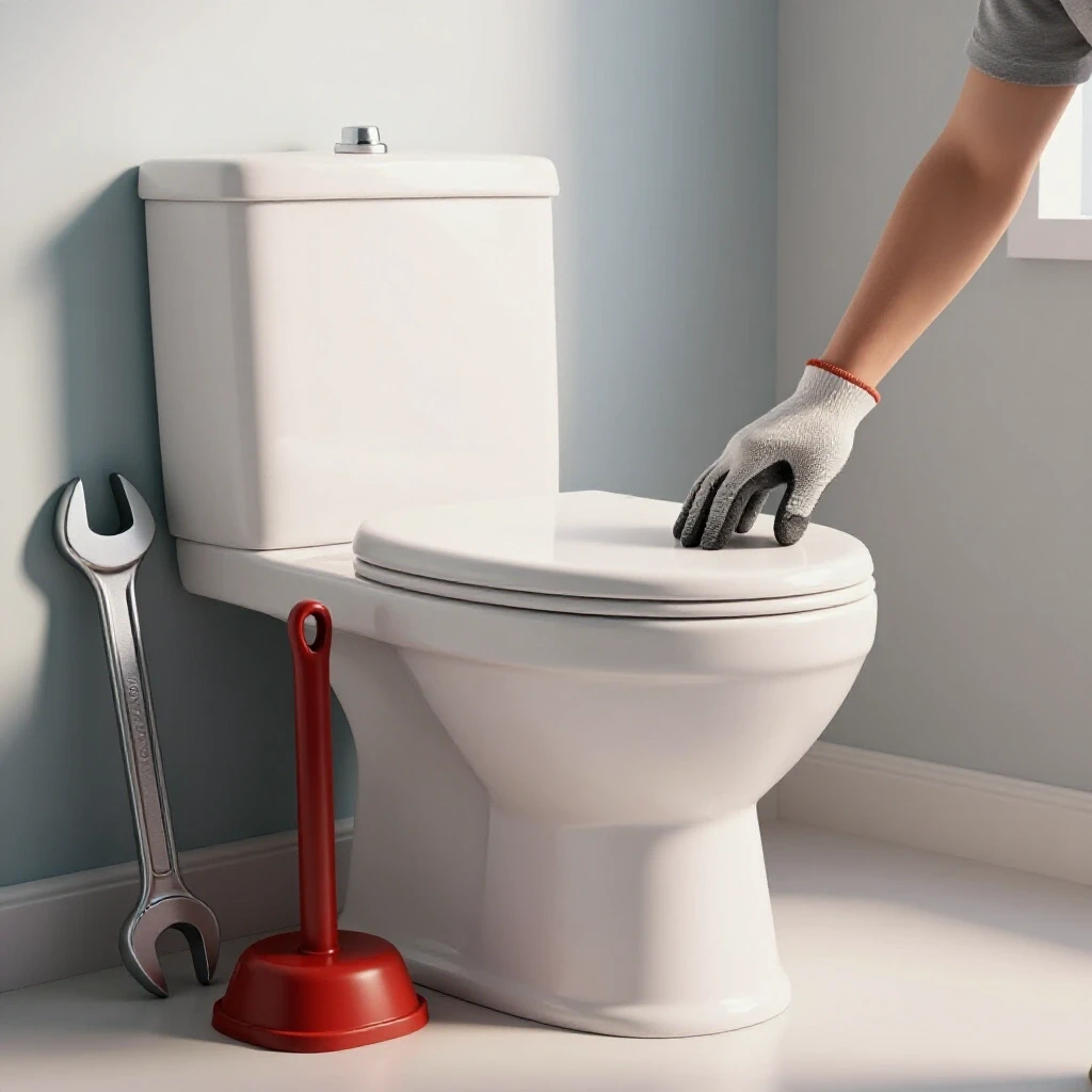 A bright bathroom scene with a partially installed toilet, tools like a wrench and plunger, and a gloved hand reaching towards the new toilet.