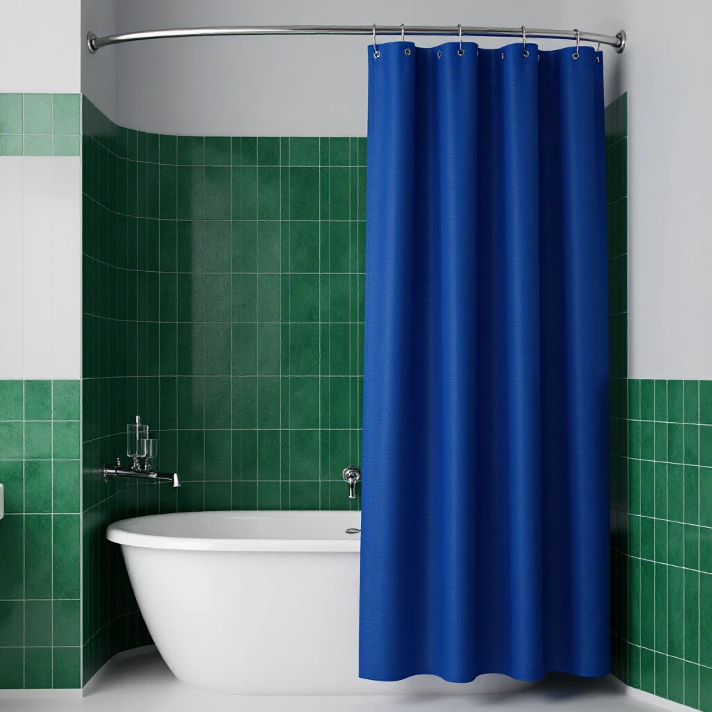 Close-up view of a stylish bathroom corner with a partially open blue shower curtain and elegant decor.