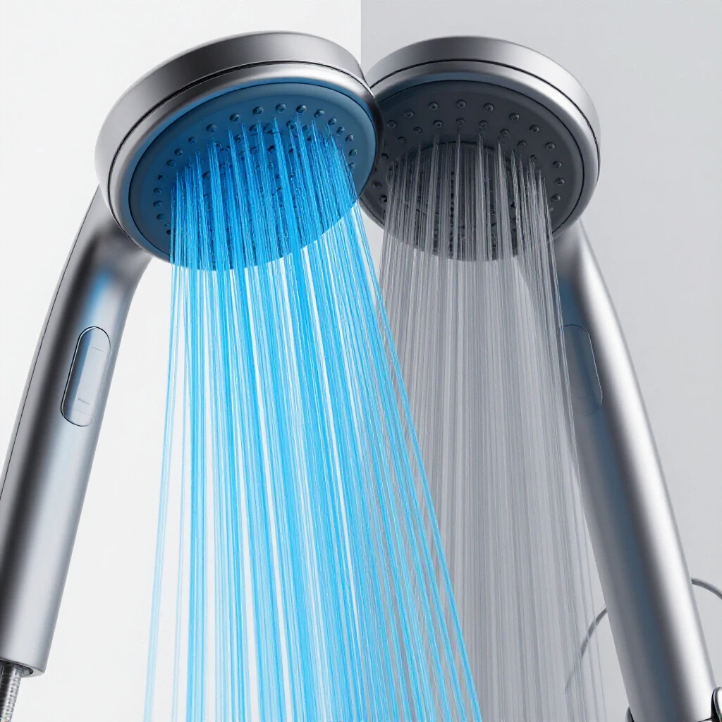 A split view of a showerhead showing vibrant blue water flow on one side and a dull gray trickle on the other, illustrating water flow issues.