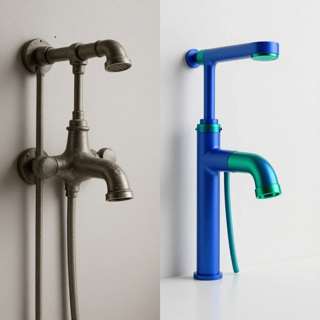 A visual comparison of a worn-out shower faucet on the left and a sleek modern trim on the right, showcasing an upgrade.