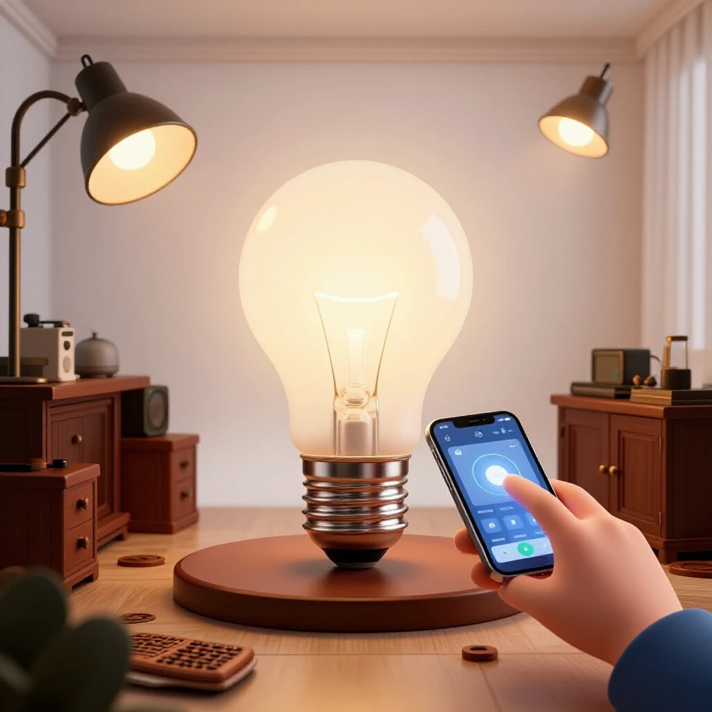 A cozy room showcasing a smart bulb casting a warm glow, with traditional lighting clutter.