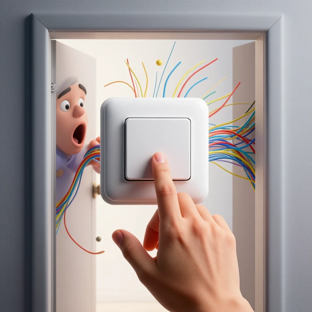 Close-up of a hand reaching for a smart switch with colorful wires spilling out in a bright setting.